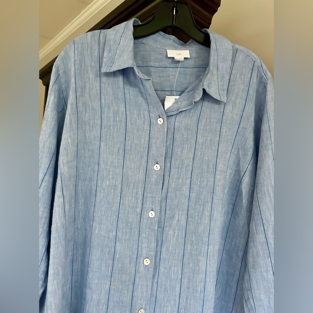 NWT J. JILL Blue Linen Stripe Long Sleeve Button Down Shirt Classic Office | XLP - Picture 5 of 16